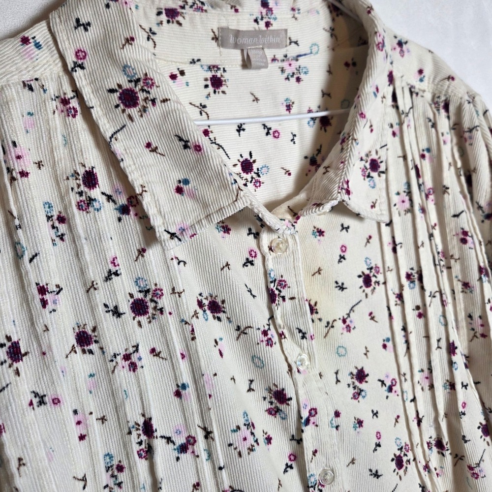Woman Within Corduroy Pintuck Shirt 30/32 3X Ivory Floral Cottagecore Grandma